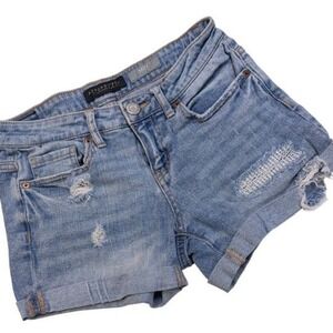 Aeropostale Midi Denim Shorts Womens Size 0  Light Wash Distressed Rolled Cuff